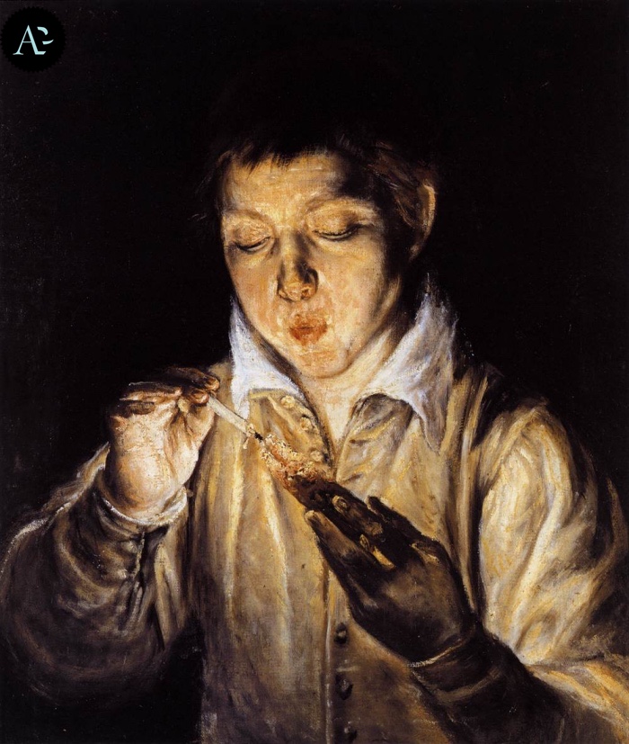 El Greco | A boy blowing on an ember to light a candle