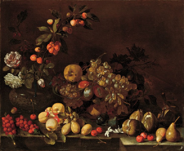 Luca Forte  (Napoli 1605 circa - 1660 circa) Natura morta di frutta e fiori  1640-1650 circa