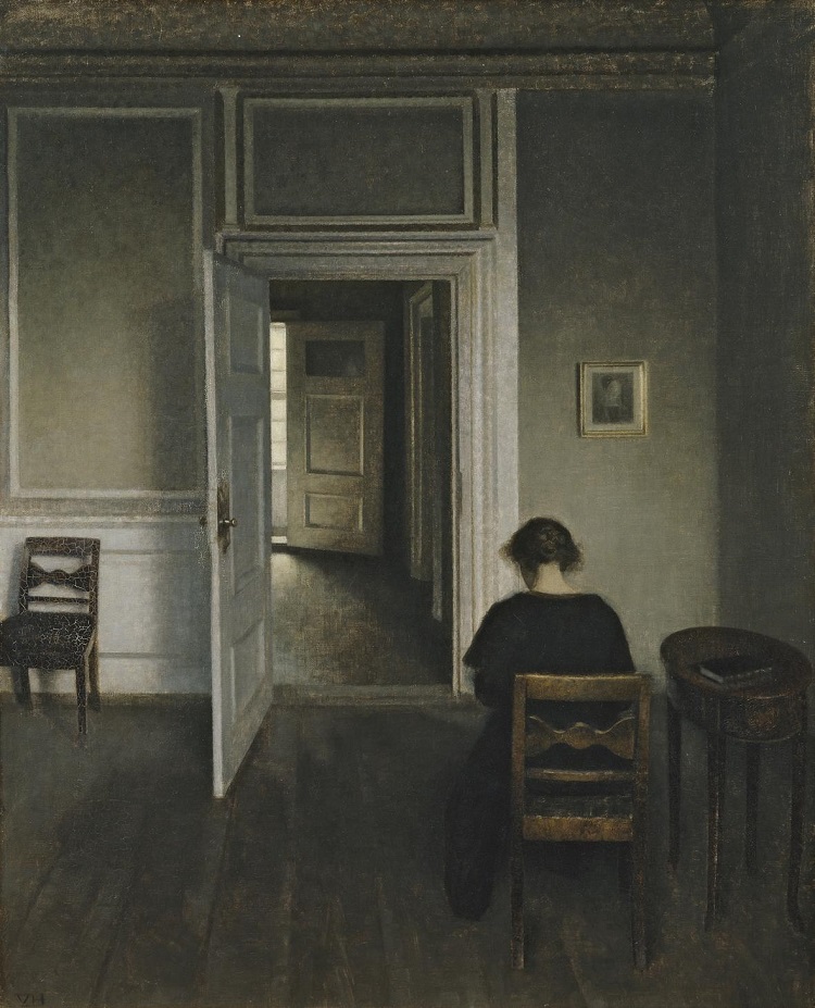 Vilhelm Hammershøi: Interiør med siddende kvinde, 1908. Olio su tela 