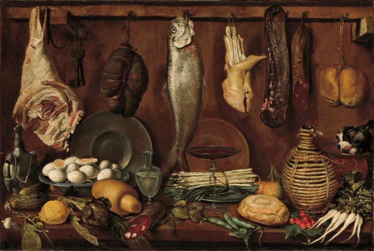 Jacopo Chimenti, detto l'Empoli  (Firenze 1551-1640)  Dispensa con pesce, carne, uova sode e fiasca di vino  1625 circa