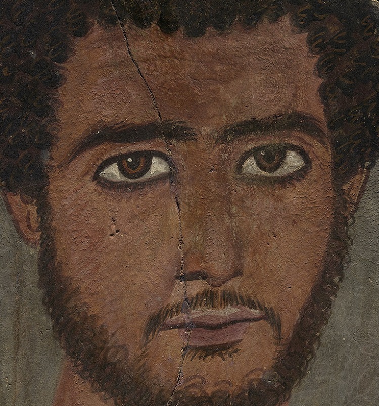 "Ritratto funerario di giovane uomo". Egitto, periodo imperiale romano, III secolo. Boston, Museum of Fine Arts (dettaglio)
