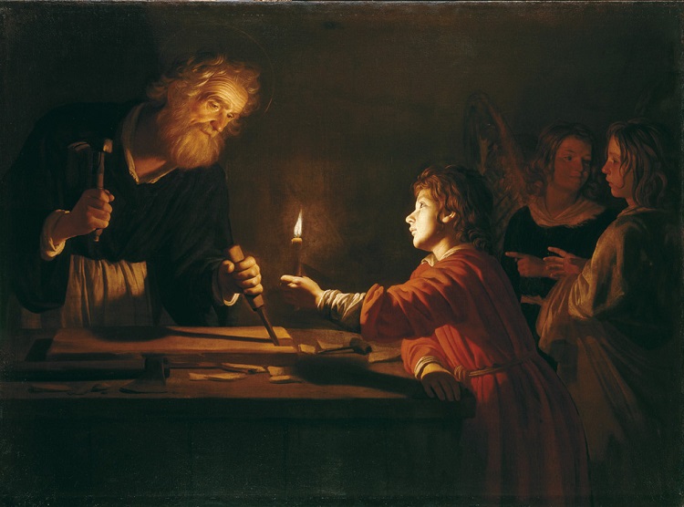 Gerrit van Honthorst - (Gherardo delle Notti) (Utrecht 1592 - 1656). Gesù nella bottega di san Giuseppe. 1617-1618, Olio su tela San Pietroburgo, Museo Statale Ermitage 
