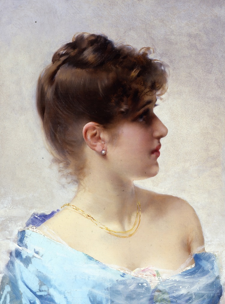 Vittorio Corcos "La ragazza dall’orecchino di perla" (1884), olio su tela, 60 x 38 cm firmato in basso a sinistra: «V. Corcos». Collezione privata