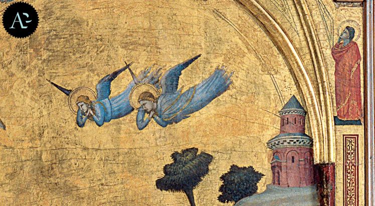 Giotto di Bondone e aiuti (Colle di Vespignano 1267 ca. - Firenze 1337), Trittico Stefaneschi, lato raffigurante la Crocefissione di San Pietro, Cristo in Trono e la Decapitazione di San Paolo e nella predella Madonna in trono con angeli e discepoli, tempera e oro su tavola con cornici dorate, 1320 ca., Musei Vaticani, Pinacoteca Vaticana, inv.40120