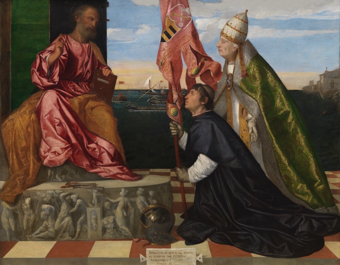 Titian | Jacopo Pesaro, Bishop of Paphos, being presented by Pope Alexander VI to Saint Peter 