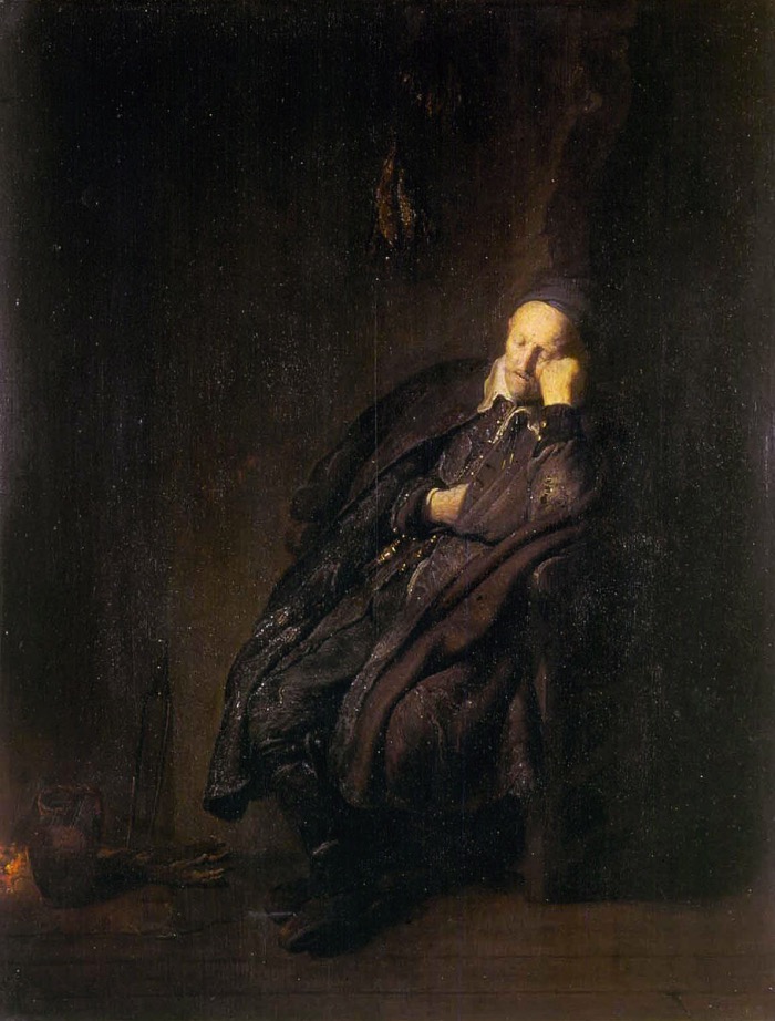 Old man sleeping by a fire | Rembrandt