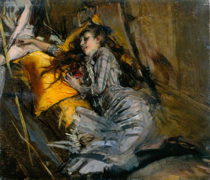 Giovanni Boldini | Ragazza sdraiata con abito scozzese