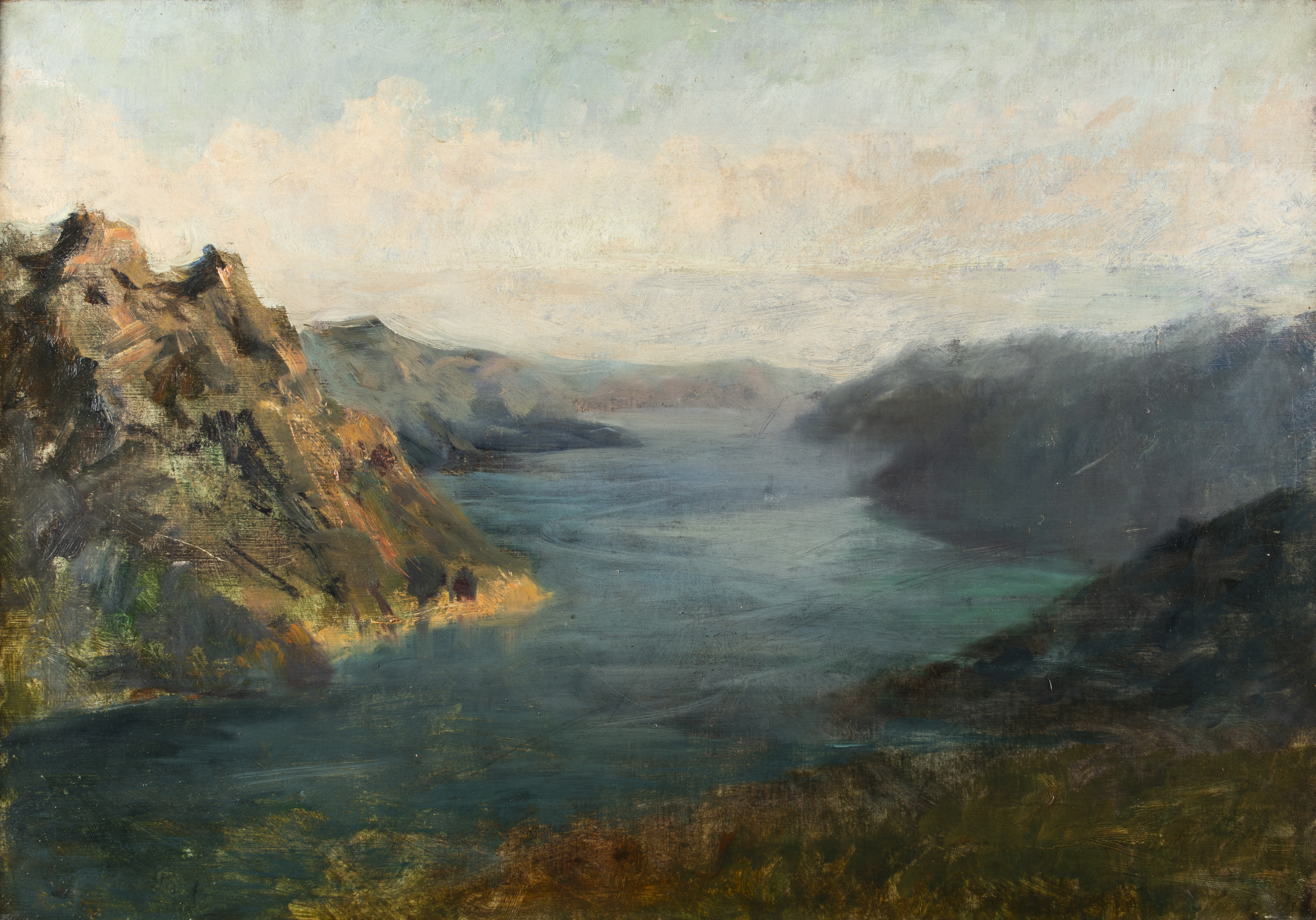 Cesare Tallone, Paesaggio del lago d’Iseo da Bossico, olio su tela, 48 x 68 cm, collezione privata