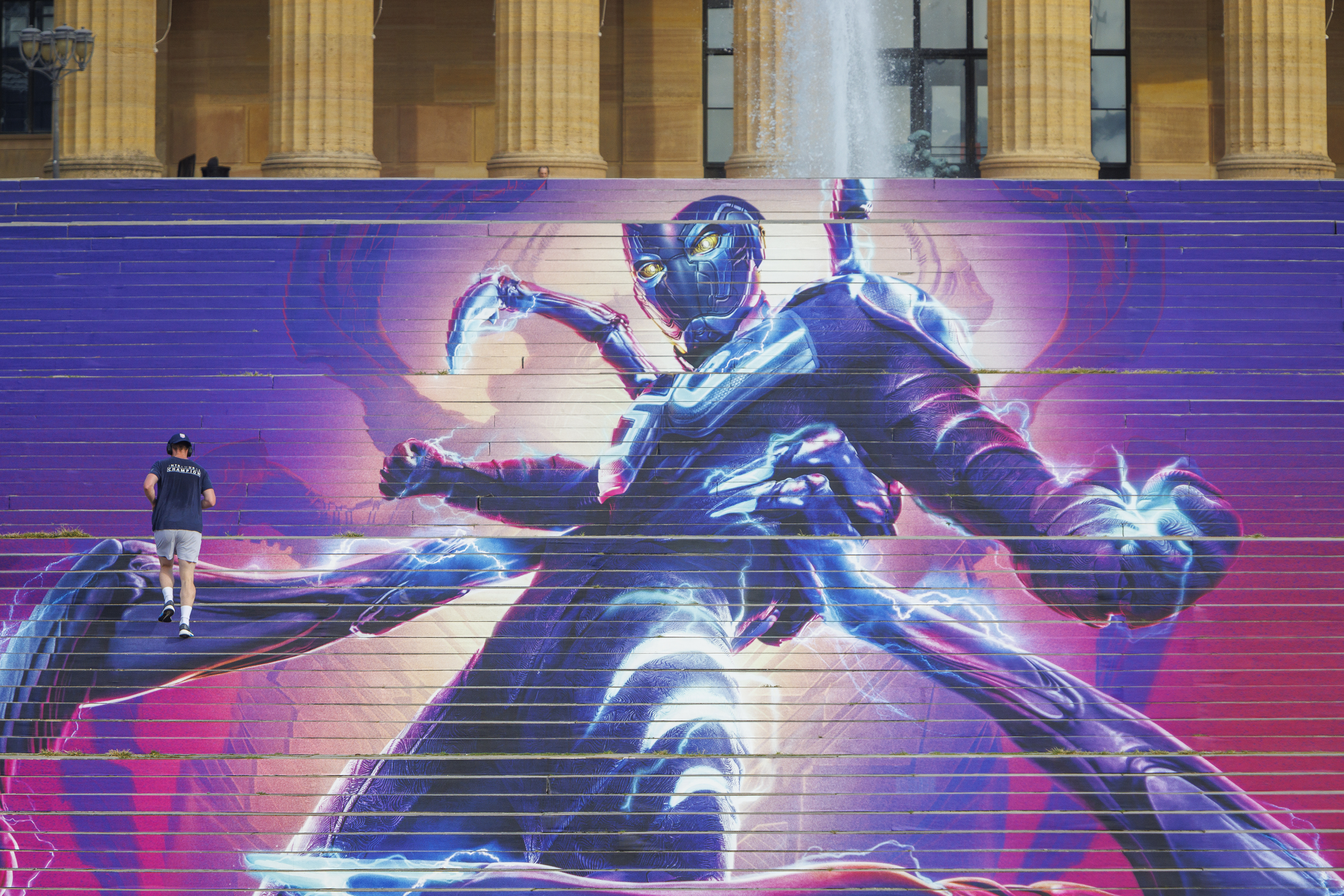 DC Comics superhero Blue Beetle promotion comes to steps of Philadelphia Museum of Art on Tuesday, August 15, 2023.