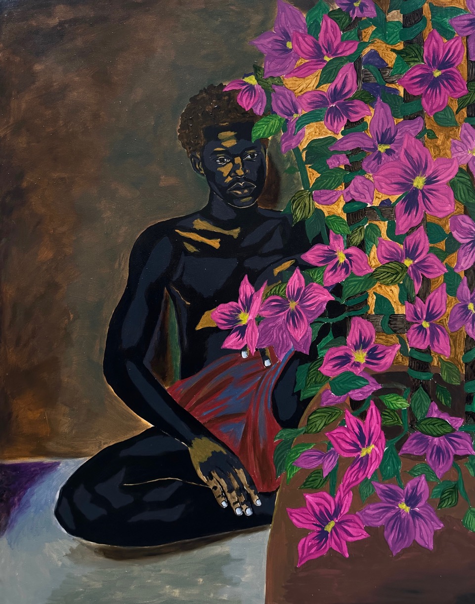Adegboyega Adesina, While the flower blooms, 2023, acrilico su tela, 150 x 120 cm